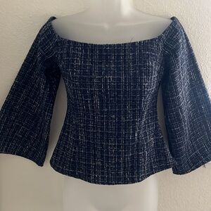 NWT Zara Navy Tweed Off Shoulder Corset Top Bell Sleeve Blouse XS